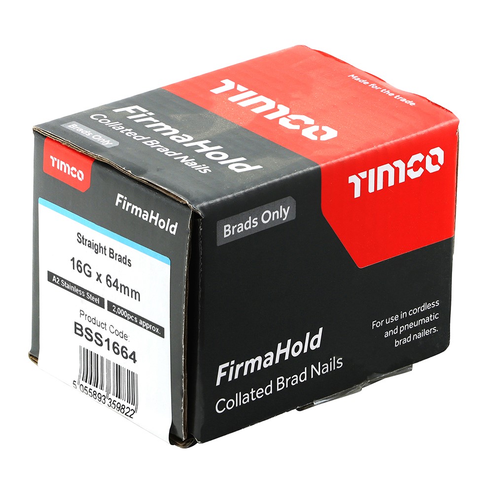 TIMCO FirmaHold Collated Brad Nails - 16 Gauge - Straight - A2 Stainless Steel 16g x 64mm (2,000 Pack)