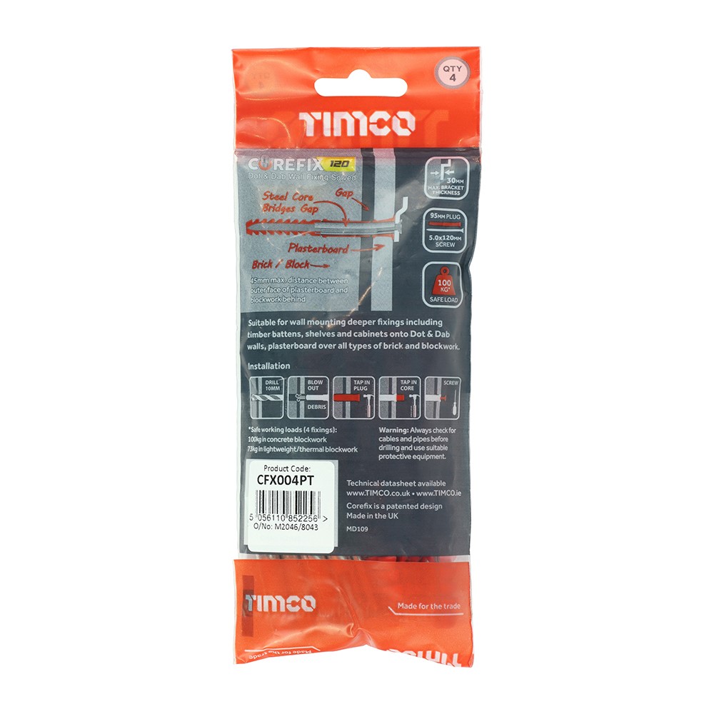 TIMCO Corefix 120 Dot & Dab Wall Fixing 5.0 x 120mm (4 Pack)