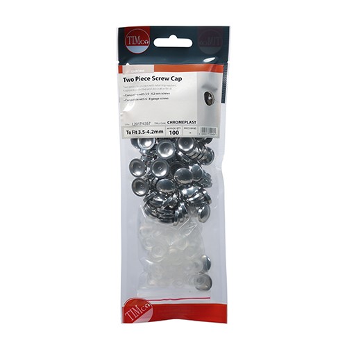 TIMCO Two Piece Screw Caps - Chrome to Fit 3.5 to 4.2mm Screw (100 Pack)