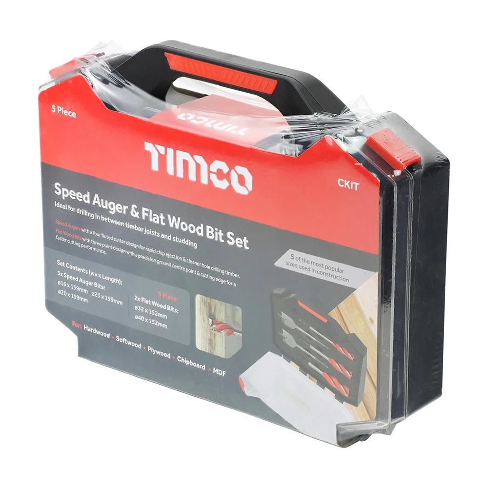 TIMCO Carpenter's Speed Auger & Flat Wood Bit Kit 5 Pack (5 Case)