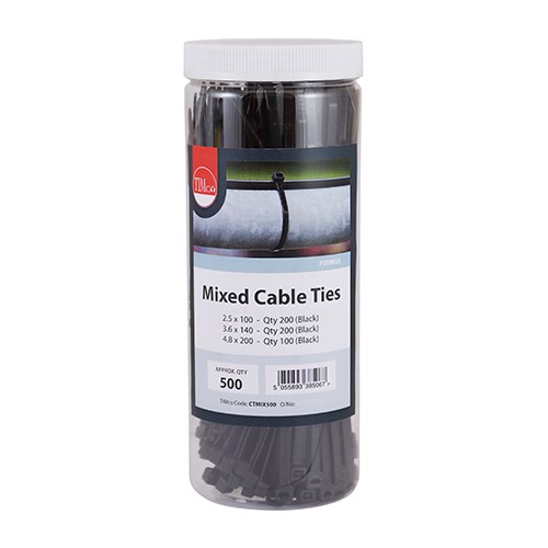 TIMCO Cable Ties - Mixed - Black Mixed 500 Pack (500 Tube)