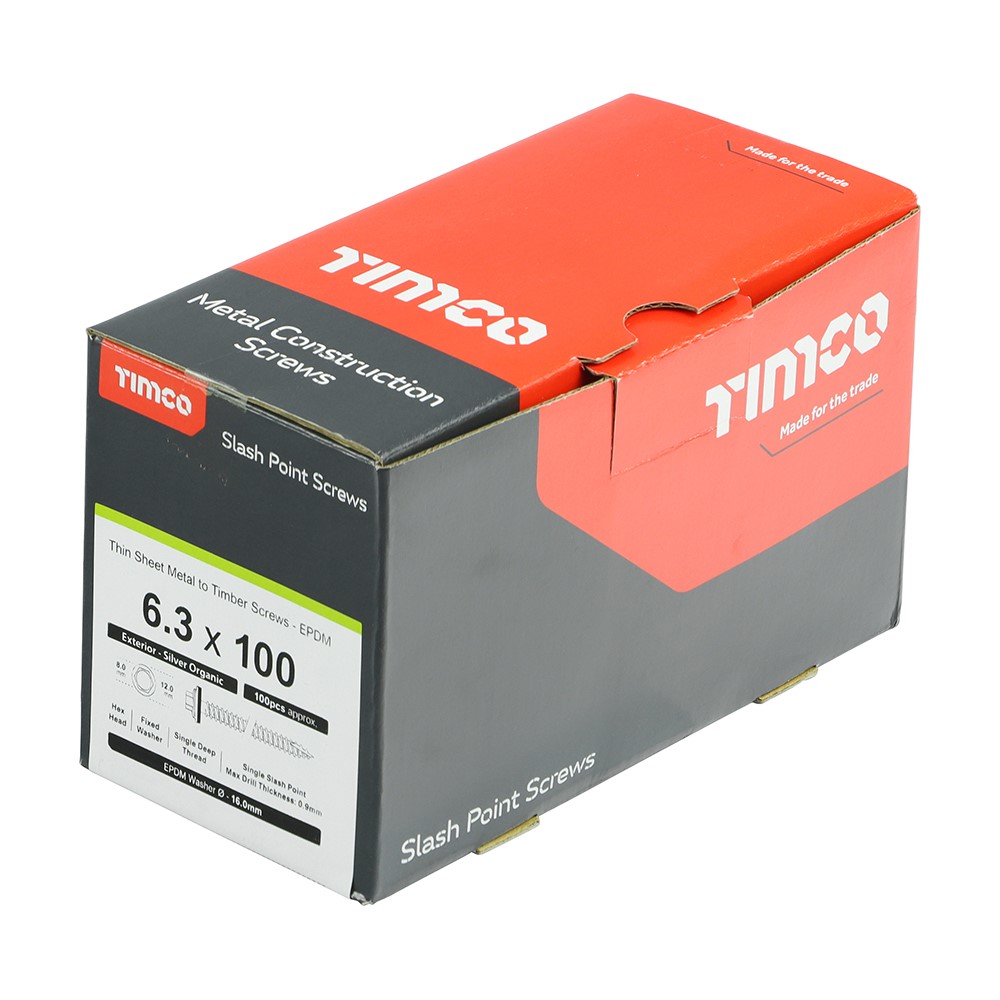 TIMCO Metal Construction Thin Sheet Metal to Timber Screws - Hex - EPDM Washer - Slash Point - Exterior - Silver Organic 6.3 x 100mm (100 Pack)