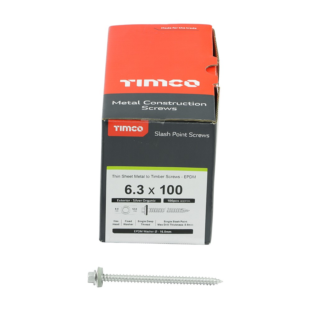 TIMCO Metal Construction Thin Sheet Metal to Timber Screws - Hex - EPDM Washer - Slash Point - Exterior - Silver Organic 6.3 x 100mm (100 Pack)