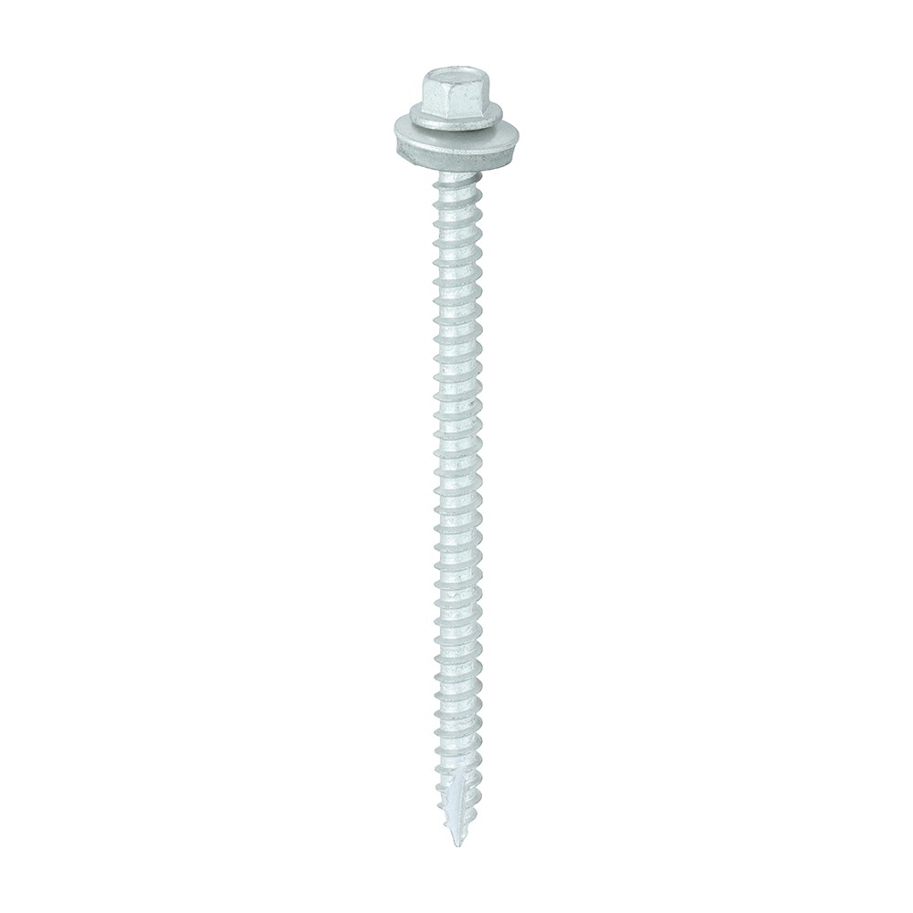 TIMCO Metal Construction Thin Sheet Metal to Timber Screws - Hex - EPDM Washer - Slash Point - Exterior - Silver Organic 6.3 x 100mm (100 Pack)