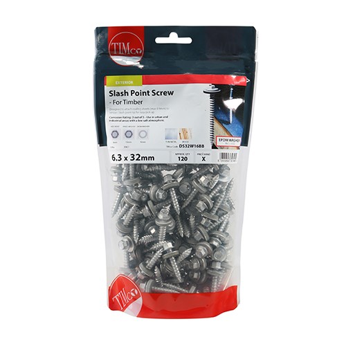 TIMCO Slash Point Screws - Hex - For Timber - Exterior - Silver - With EPDM Washer 6.3 x 32mm (120)