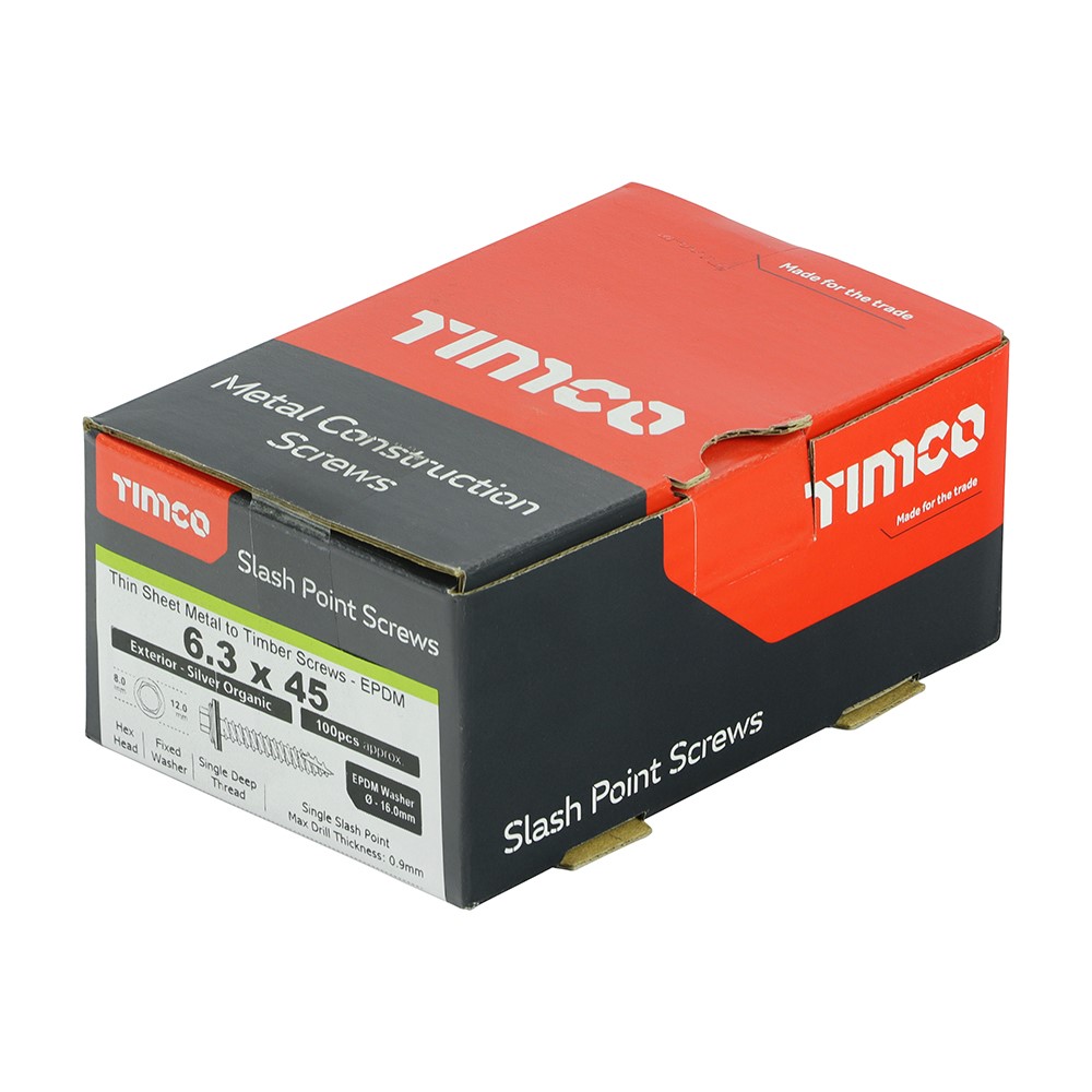 TIMCO Metal Construction Thin Sheet Metal to Timber Screws - Hex - EPDM Washer - Slash Point - Exterior - Silver Organic 6.3 x 45mm (100 Pack)