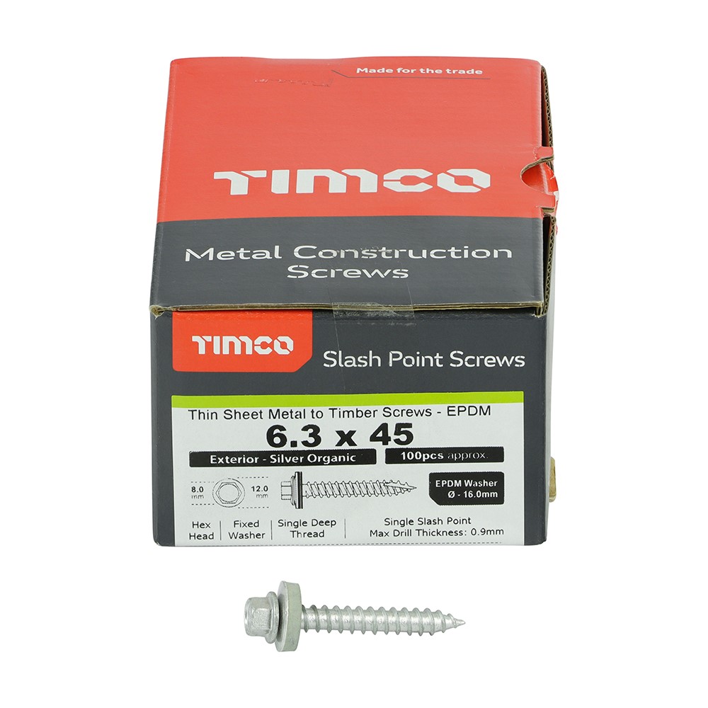 TIMCO Metal Construction Thin Sheet Metal to Timber Screws - Hex - EPDM Washer - Slash Point - Exterior - Silver Organic 6.3 x 45mm (100 Pack)