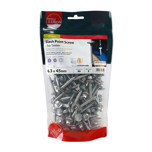 TIMCO Slash Point Screws - Hex - For Timber - Exterior - Silver - With EPDM Washer 6.3 x 45mm (90)
