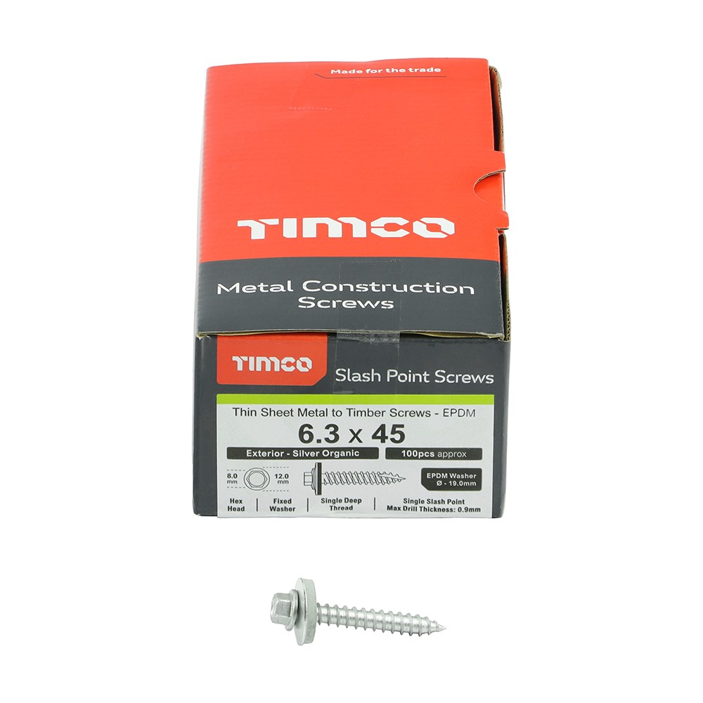 TIMCO Metal Construction Thin Sheet Metal to Timber Screws - Hex - EPDM Washer - Slash Point - Exterior - Silver Organic 6.3 x 45mm (100 Pack)