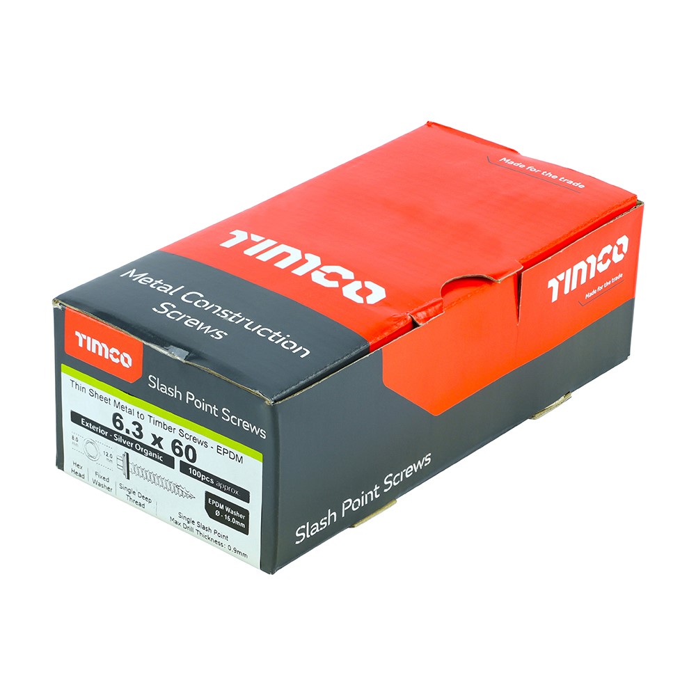 TIMCO Metal Construction Thin Sheet Metal to Timber Screws - Hex - EPDM Washer - Slash Point - Exterior - Silver Organic 6.3 x 60mm (100 Pack)