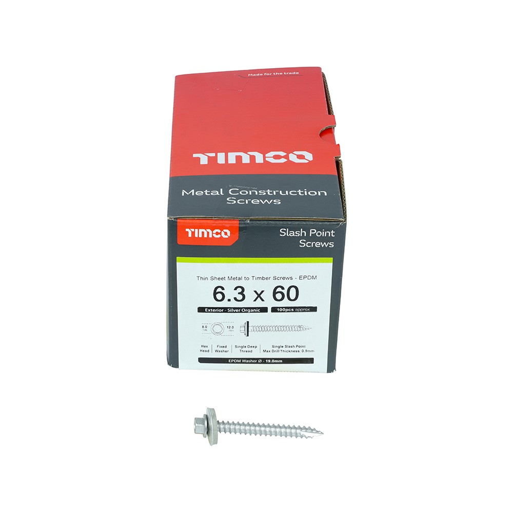 TIMCO Metal Construction Thin Sheet Metal to Timber Screws - Hex - EPDM Washer - Slash Point - Exterior - Silver Organic 6.3 x 60mm (100 Pack)