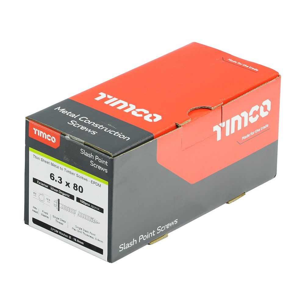 TIMCO Metal Construction Thin Sheet Metal to Timber Screws - Hex - EPDM Washer - Slash Point - Exterior - Silver Organic 6.3 x 80mm (100 Pack)