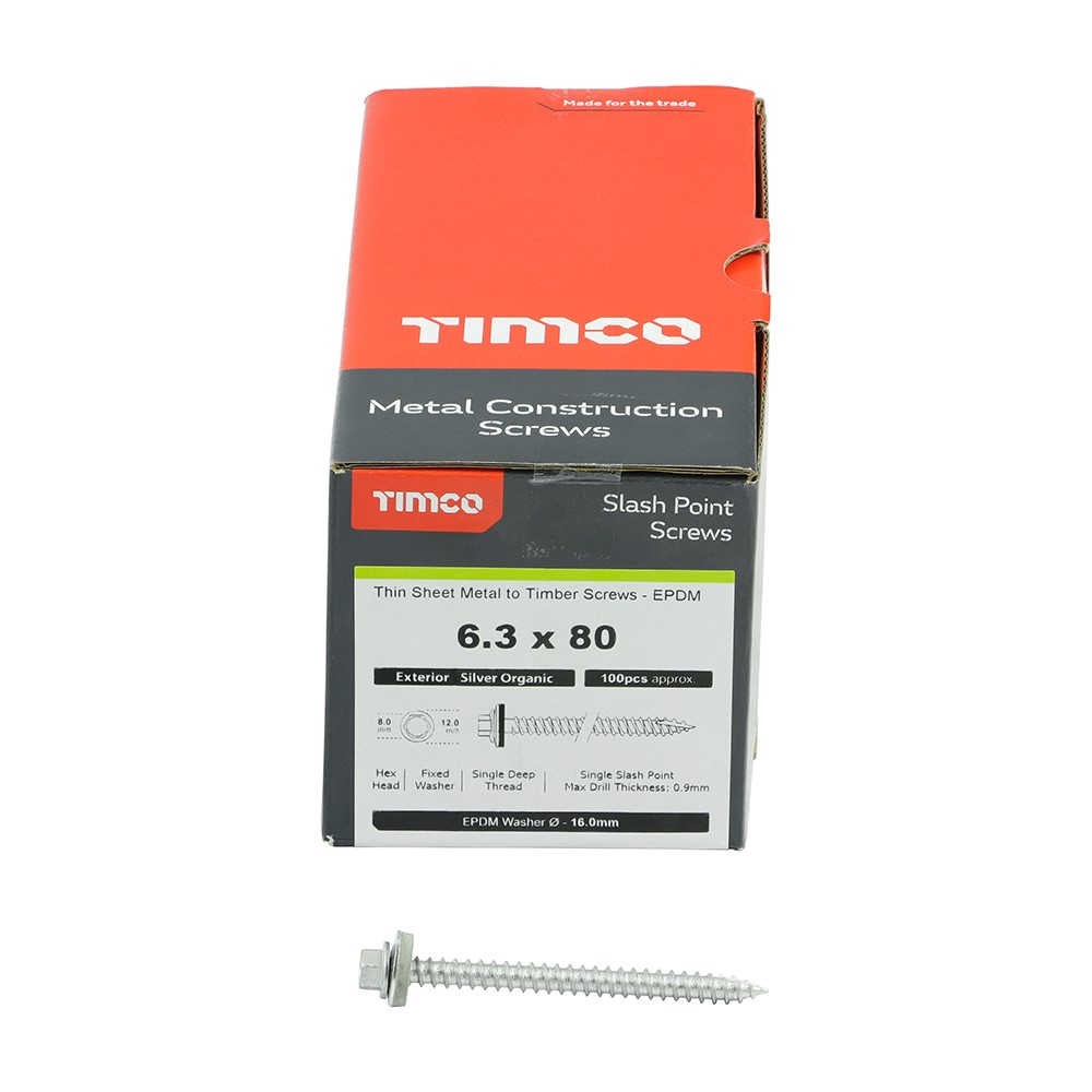 TIMCO Metal Construction Thin Sheet Metal to Timber Screws - Hex - EPDM Washer - Slash Point - Exterior - Silver Organic 6.3 x 80mm (100 Pack)