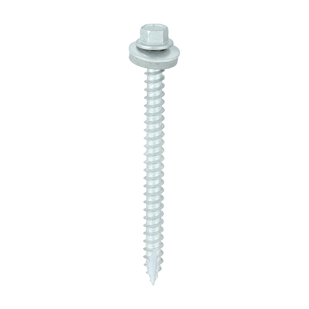 TIMCO Metal Construction Thin Sheet Metal to Timber Screws - Hex - EPDM Washer - Slash Point - Exterior - Silver Organic 6.3 x 80mm (100 Pack)