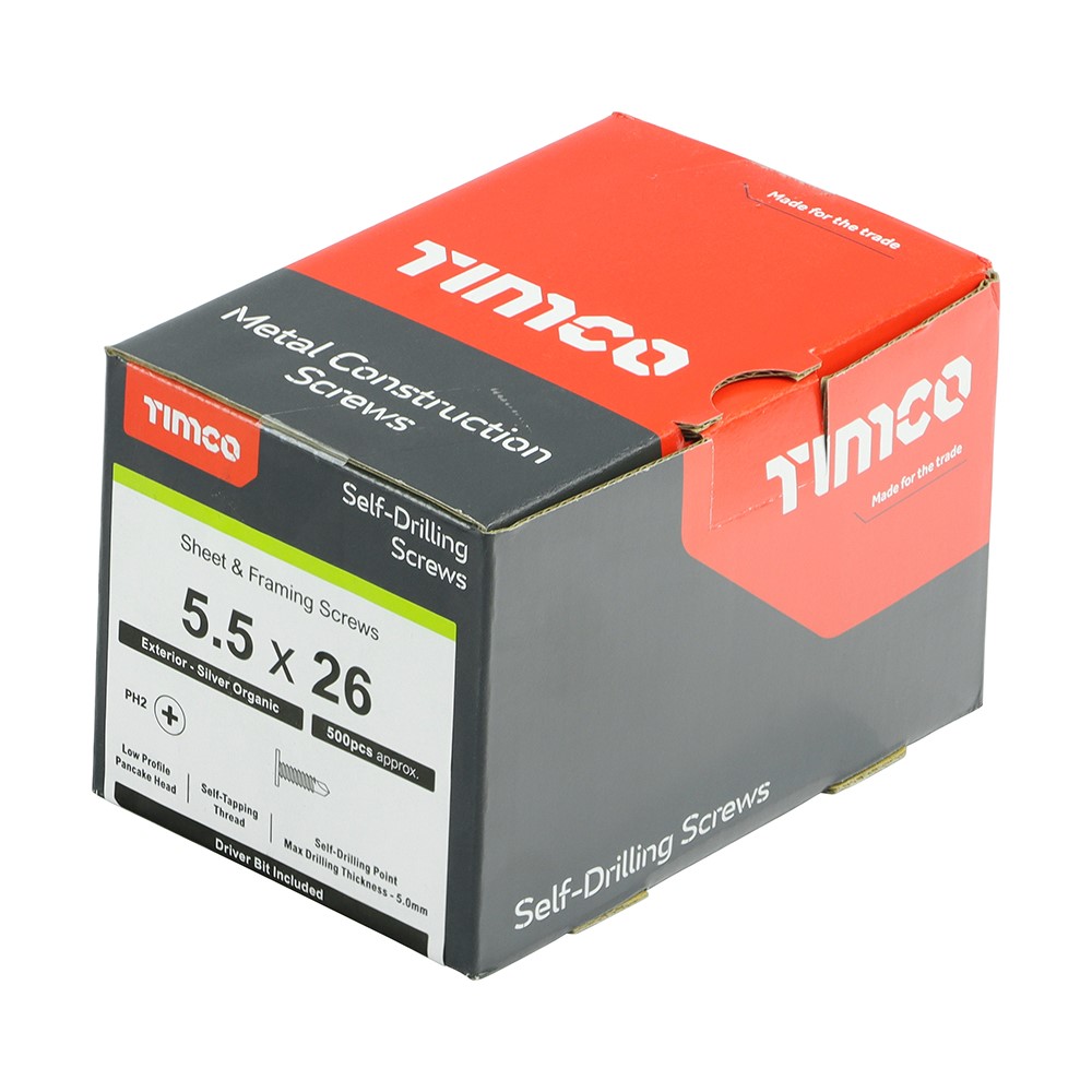 TIMCO Metal Construction Sheet & Framing Screws - PH - Low Profile Pancake - Exterior - Silver Organic 5.5 x 26mm (500 Pack)