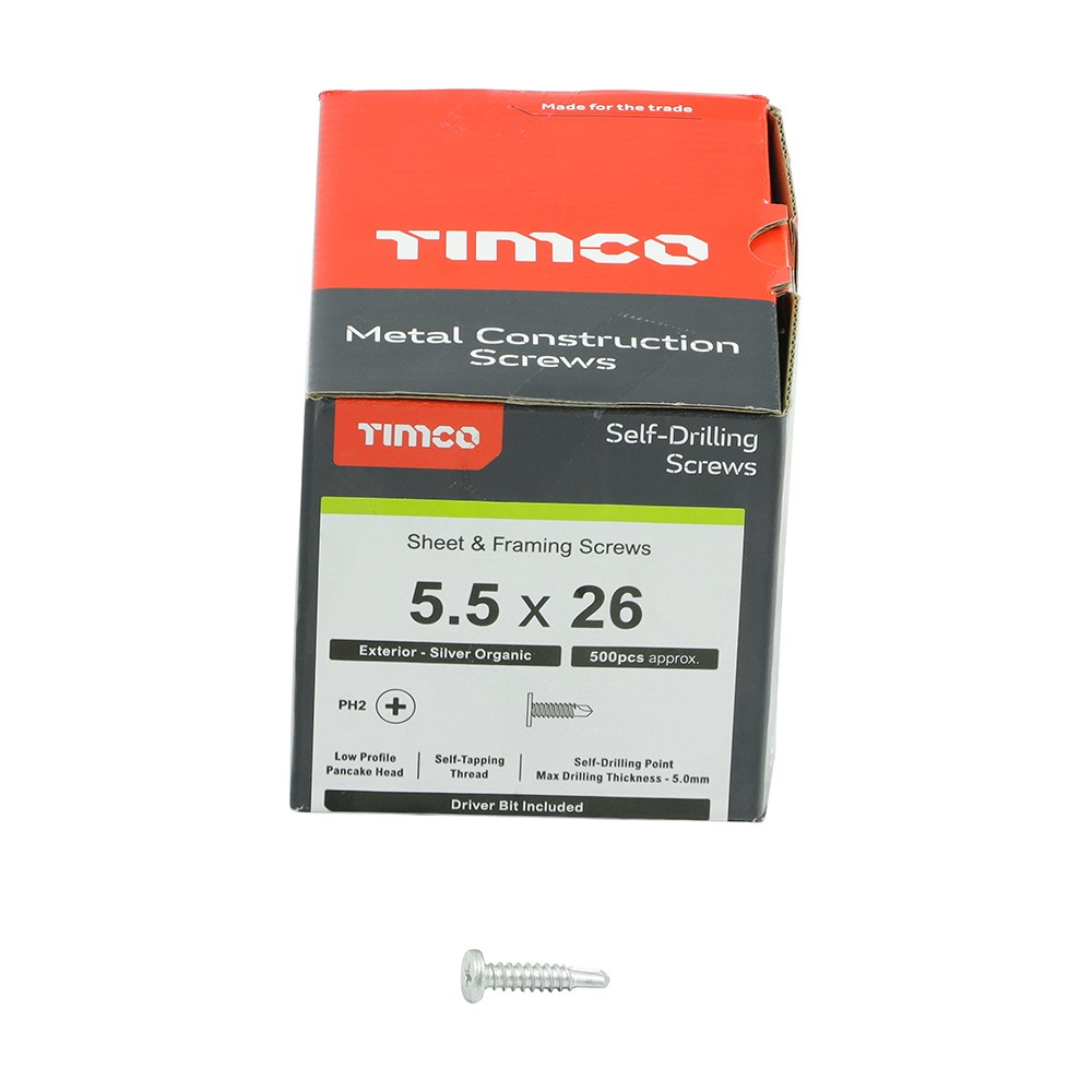 TIMCO Metal Construction Sheet & Framing Screws - PH - Low Profile Pancake - Exterior - Silver Organic 5.5 x 26mm (500 Pack)