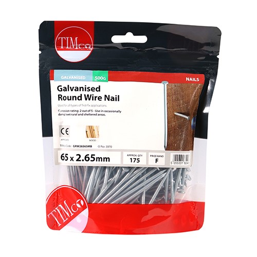 TIMCO Round Wire Nails - Galvanised 65 x 2.65mm (0.5kg)