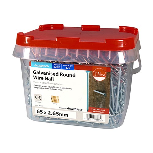 TIMCO Round Wire Nails - Galvanised 65 x 2.65mm (2.5kg TIMtub)