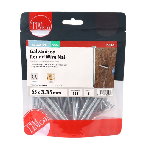 TIMCO Round Wire Nails - Galvanised 65 x 3.35mm (0.5kg)