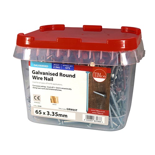 TIMCO Round Wire Nails - Galvanised 65 x 3.35mm (2.5kg TIMtub)