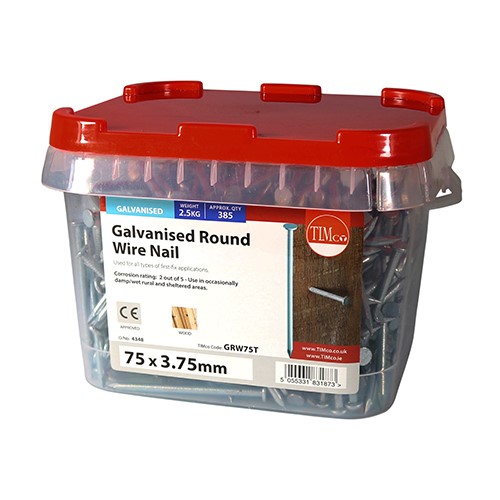 TIMCO Round Wire Nails - Galvanised 75 x 3.75mm (2.5kg TIMtub)