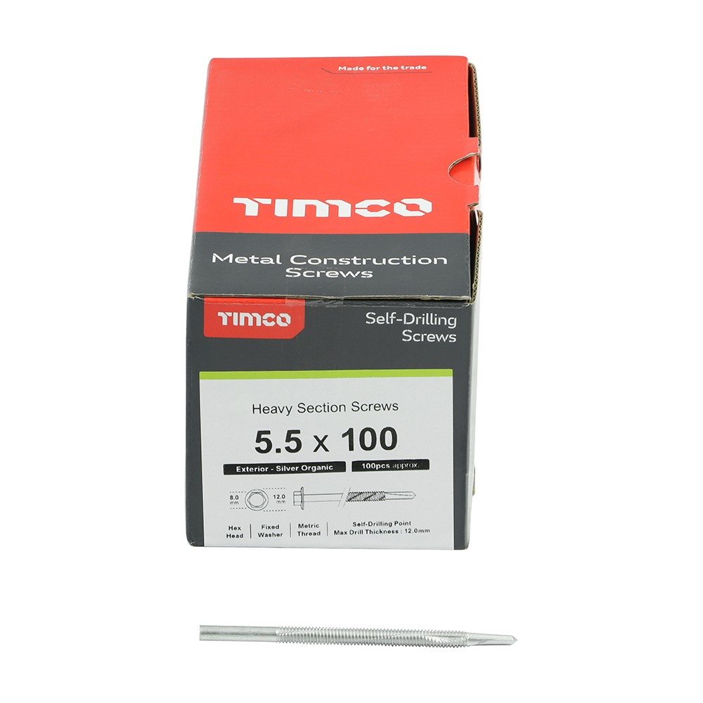 TIMCO Metal Construction Heavy Section Screws - Hex - Self-Drilling - Exterior - Silver Organic 5.5 x 100mm (100 Pack)