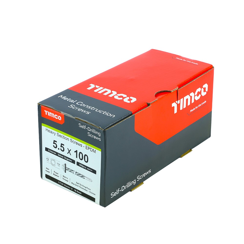 TIMCO Metal Construction Heavy Section Screws - Hex - EPDM Washer - Self-Drilling - Exterior - Silver Organic 5.5 x 100mm (100 Pack)