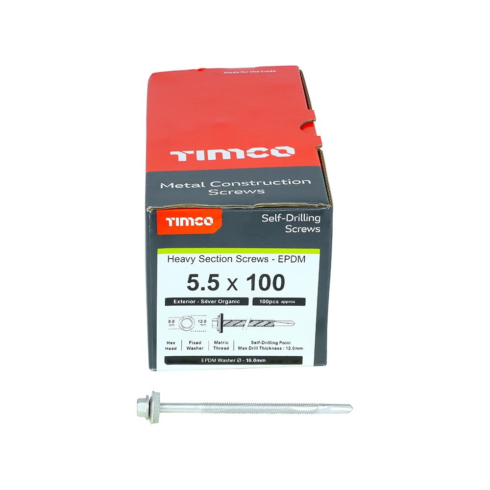 TIMCO Metal Construction Heavy Section Screws - Hex - EPDM Washer - Self-Drilling - Exterior - Silver Organic 5.5 x 100mm (100 Pack)
