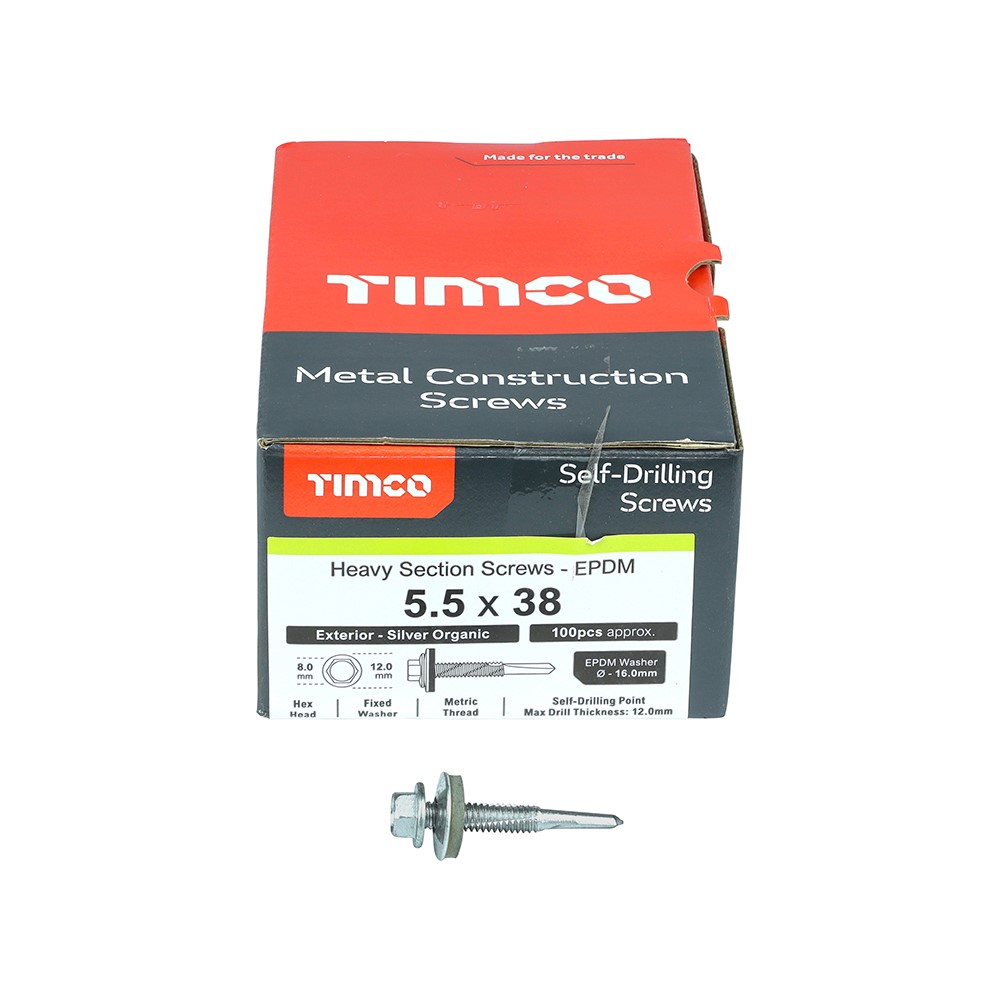 TIMCO Metal Construction Heavy Section Screws - Hex - EPDM Washer - Self-Drilling - Exterior - Silver Organic 5.5 x 38mm (100 Pack)