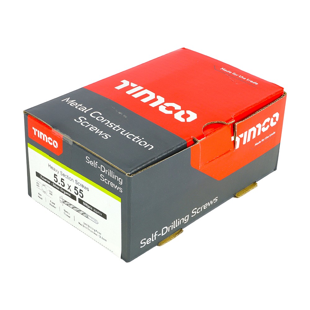 TIMCO Metal Construction Heavy Section Screws - Hex - Self-Drilling - Exterior - Silver Organic 5.5 x 55mm (100 Pack)