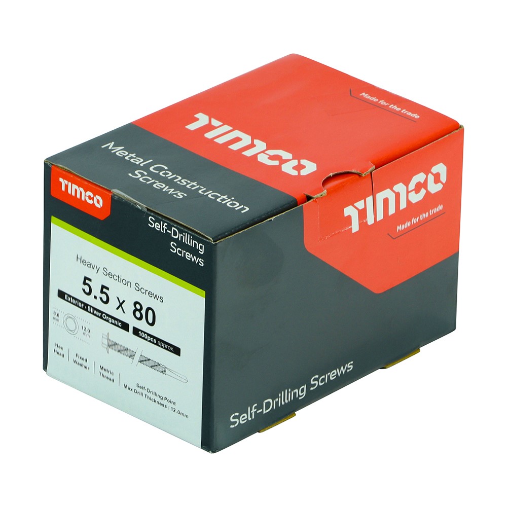 TIMCO Metal Construction Heavy Section Screws - Hex - Self-Drilling - Exterior - Silver Organic 5.5 x 80mm (100 Pack)