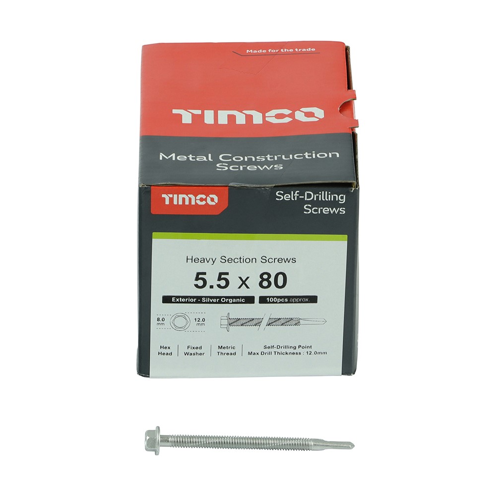 TIMCO Metal Construction Heavy Section Screws - Hex - Self-Drilling - Exterior - Silver Organic 5.5 x 80mm (100 Pack)