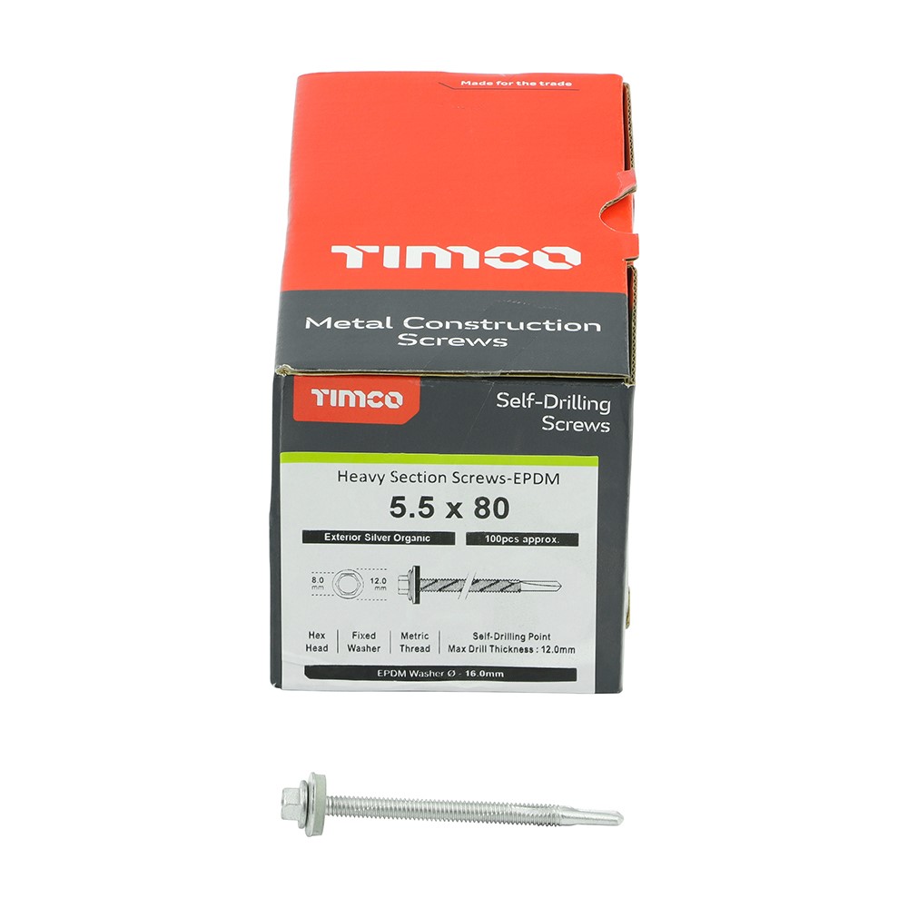 TIMCO Metal Construction Heavy Section Screws - Hex - EPDM Washer - Self-Drilling - Exterior - Silver Organic 5.5 x 80mm (100 Pack)
