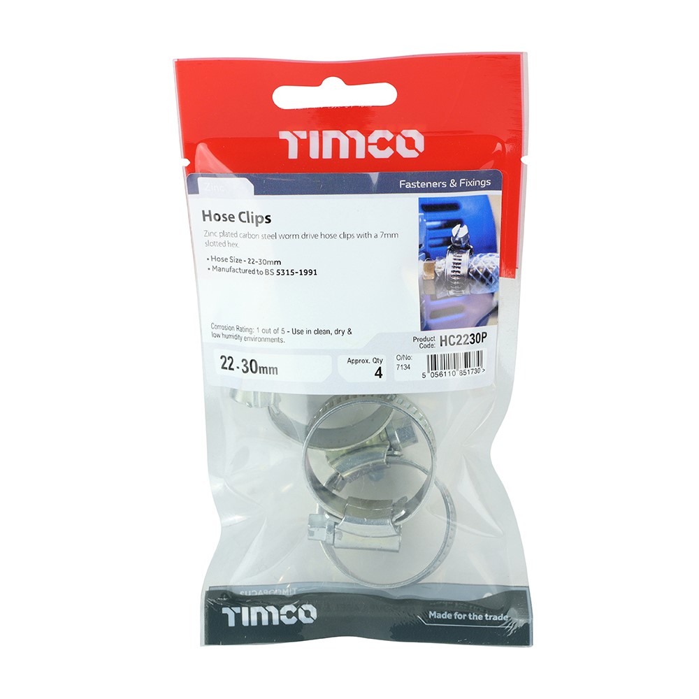 TIMCO Hose Clips - Zinc 22-30mm (4 Pack)