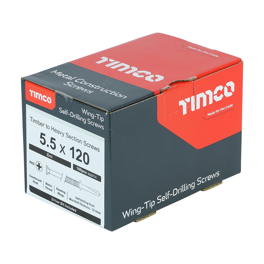 TIMCO Metal Construction Timber to Heavy Section Screws - Countersunk - Wing-Tip - Self-Drilling - Zinc 5.5 x 120mm (100 Pack)