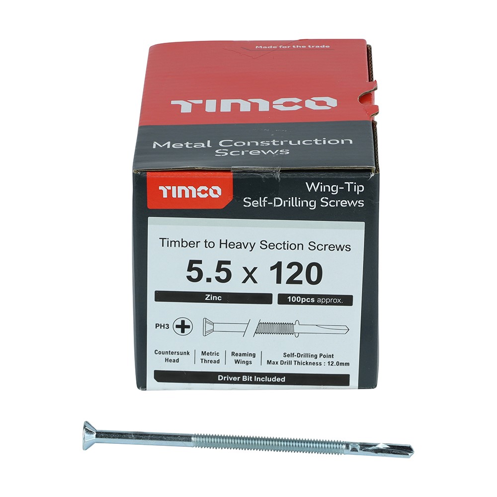 TIMCO Metal Construction Timber to Heavy Section Screws - Countersunk - Wing-Tip - Self-Drilling - Zinc 5.5 x 120mm (100 Pack)