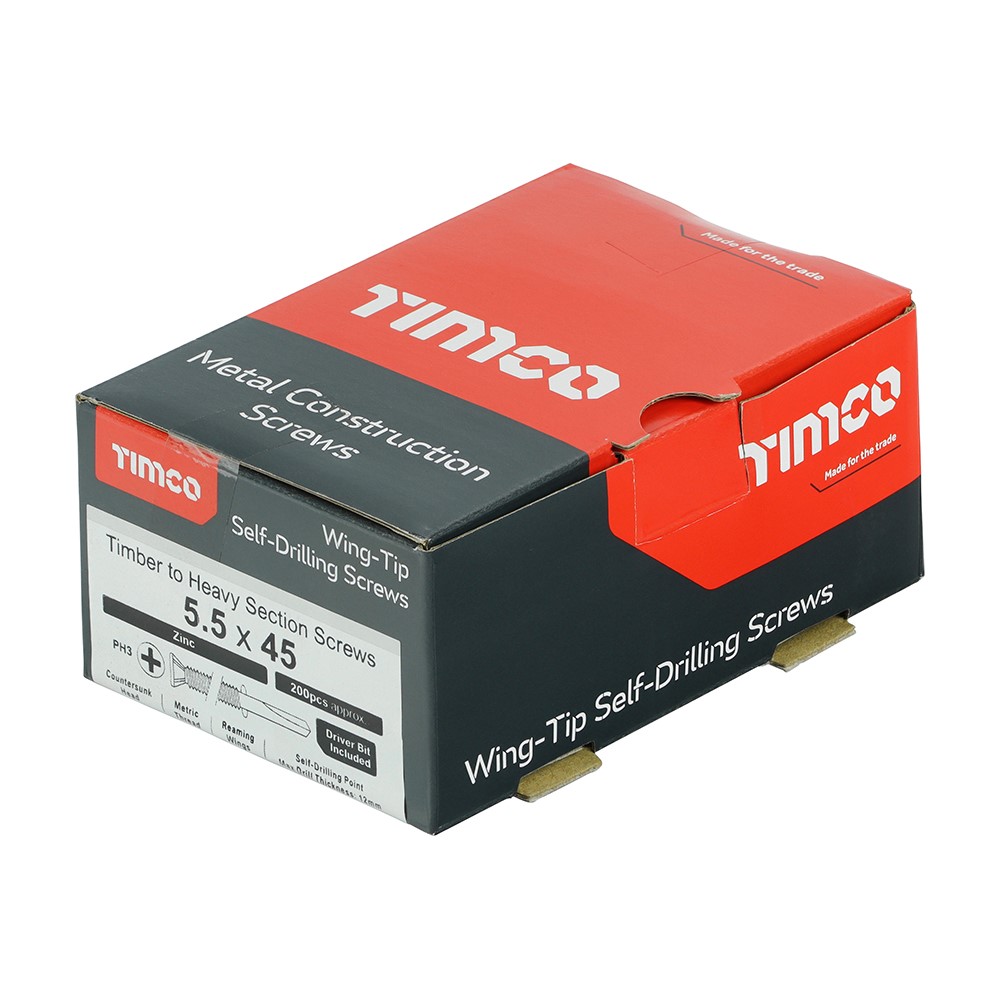 TIMCO Metal Construction Timber to Heavy Section Screws - Countersunk - Wing-Tip - Self-Drilling - Zinc 5.5 x 45mm (200 Pack)