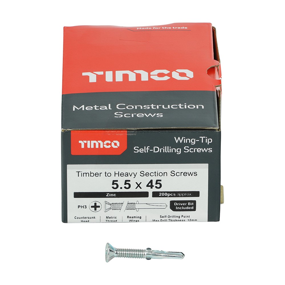 TIMCO Metal Construction Timber to Heavy Section Screws - Countersunk - Wing-Tip - Self-Drilling - Zinc 5.5 x 45mm (200 Pack)