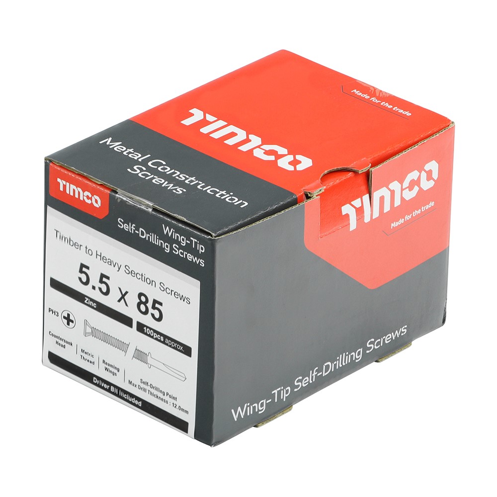 TIMCO Metal Construction Timber to Heavy Section Screws - Countersunk - Wing-Tip - Self-Drilling - Zinc 5.5 x 85mm (100 Pack)