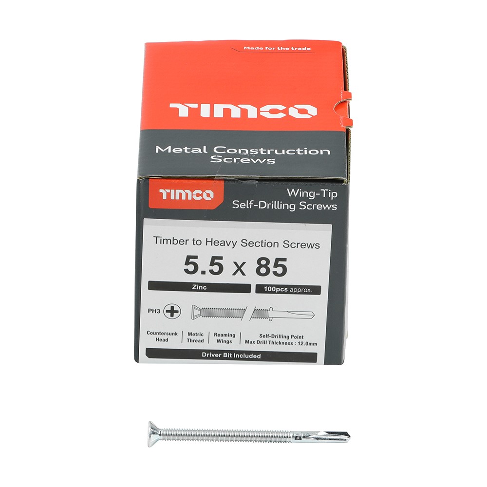 TIMCO Metal Construction Timber to Heavy Section Screws - Countersunk - Wing-Tip - Self-Drilling - Zinc 5.5 x 85mm (100 Pack)