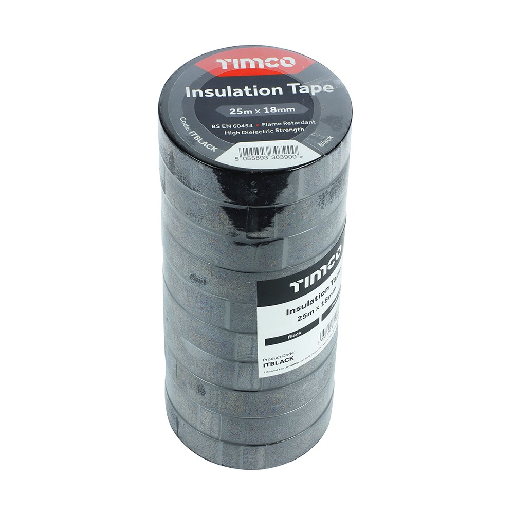 TIMCO PVC Insulation Tape - Black 25m x 18mm (10 Roll Pack)