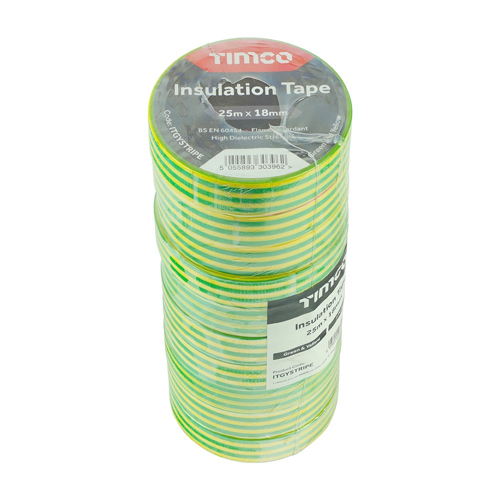 TIMCO PVC Insulation Tape - Green & Yellow Stripe 25m x 18mm (10 Roll Pack)