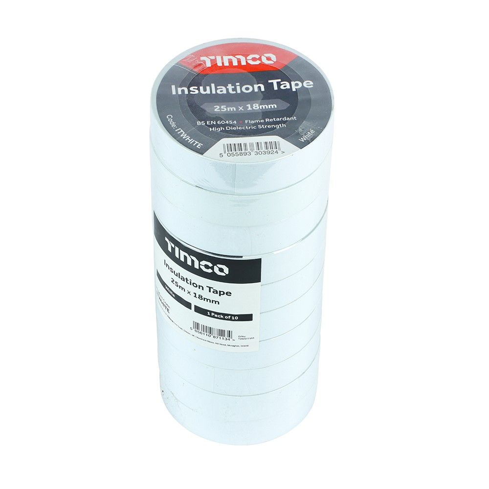 TIMCO PVC Insulation Tape - White 25m x 18mm (10 Roll Pack)