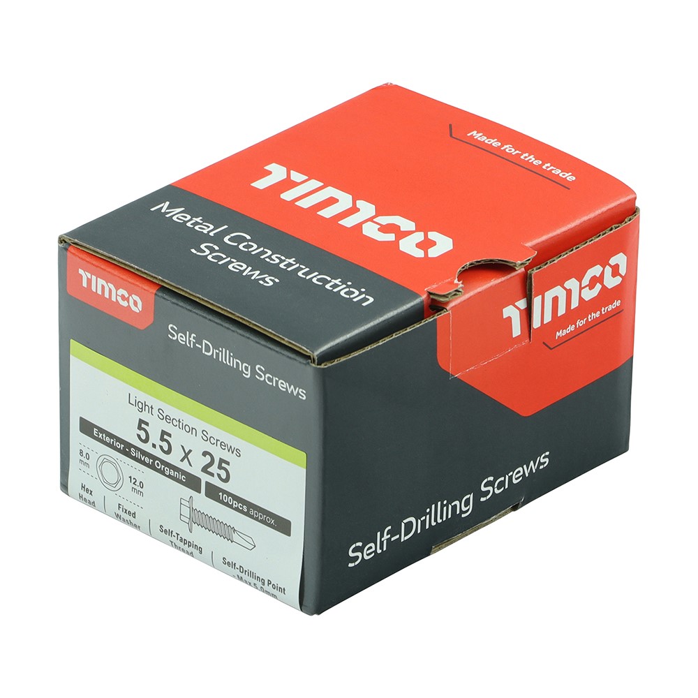 TIMCO Metal Construction Light Section Screws - Hex - Self-Drilling - Exterior - Silver Organic 5.5 x 25mm (100 Pack)
