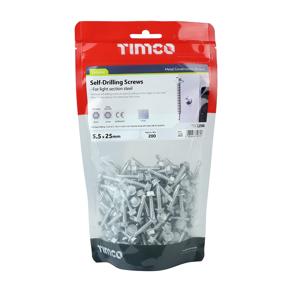 TIMCO Self-Drilling Screws - Hex - For Light Section Steel - Exterior - Silver 5.5 x 25mm (200)