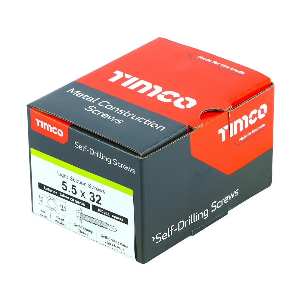 TIMCO Metal Construction Light Section Screws - Hex - Self-Drilling - Exterior - Silver Organic 5.5 x 32mm (100 Pack)