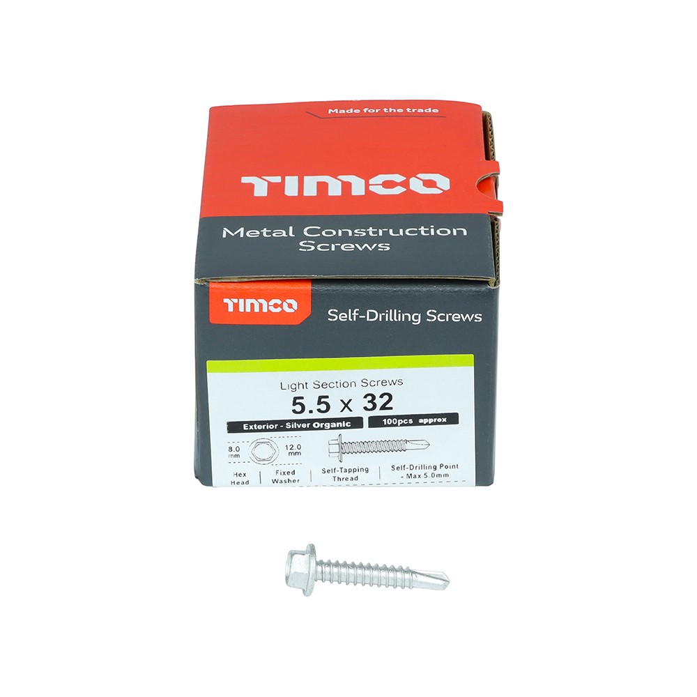 TIMCO Metal Construction Light Section Screws - Hex - Self-Drilling - Exterior - Silver Organic 5.5 x 32mm (100 Pack)
