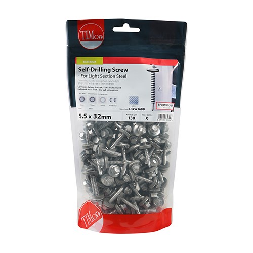 TIMCO Self-Drilling Screws - Hex - For Light Section Steel - Exterior - Silver - With EPDM Washer 5.5 x 32mm (130)