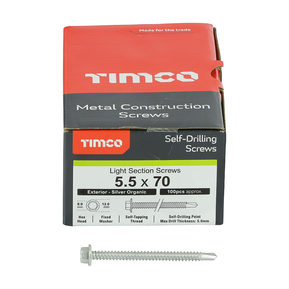 TIMCO Metal Construction Light Section Screws - Hex - Self-Drilling - Exterior - Silver Organic 5.5 x 70mm (100 Pack)