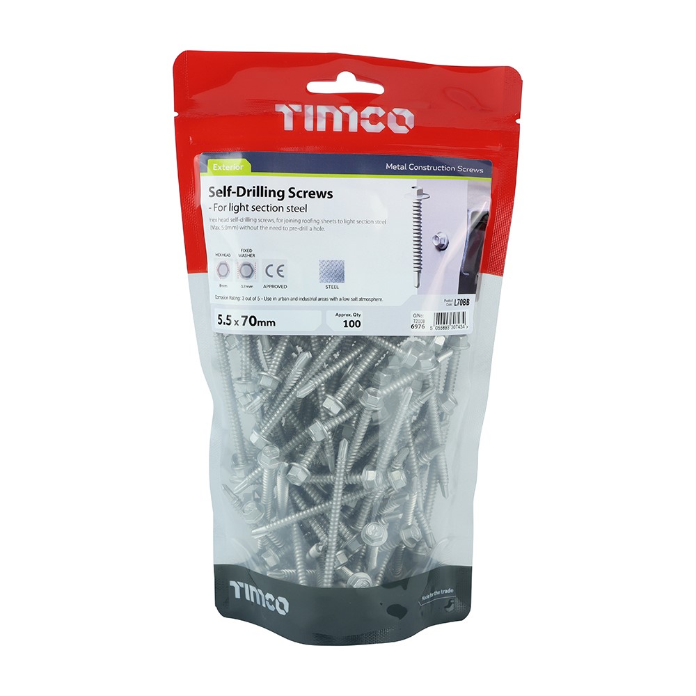 TIMCO Self-Drilling Screws - Hex - For Light Section Steel - Exterior - Silver 5.5 x 70mm (100)